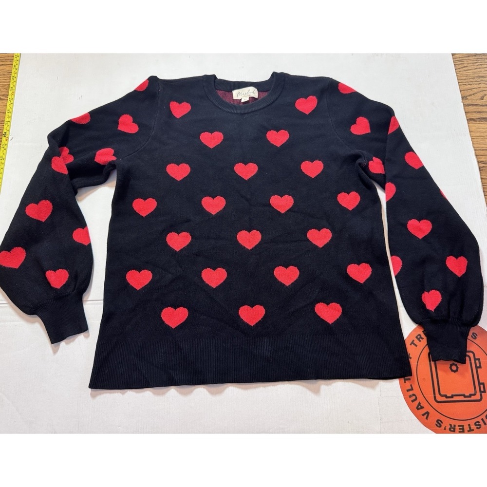 Marled Heart Print Puff Sleeve Sweater Black Red Crewneck Size Medium